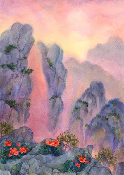 Akvarell landskap. berg vattenfall — Stockfoto