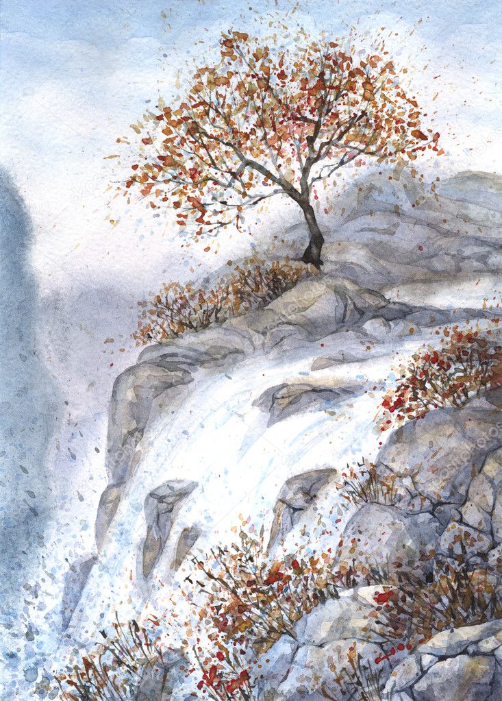 Watercolor landscape. Autumn tree above the turbulent waterfall