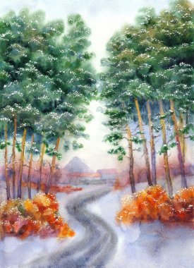 Winter road to the village through a pine forest clipart