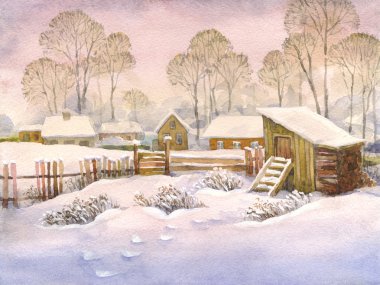 Watercolor landscape of old winter village clipart