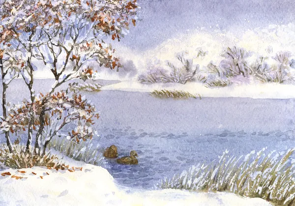 Paesaggio acquerello. Neve invernale in una giornata nuvolosa sul lago — Foto Stock