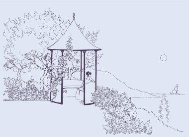 Cozy alcove in the lush garden near the sea clipart