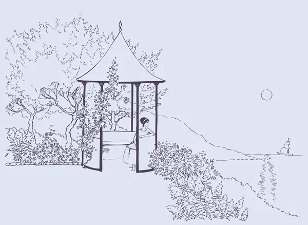Уютный альков в пышном саду у моря — стоковый вектор
