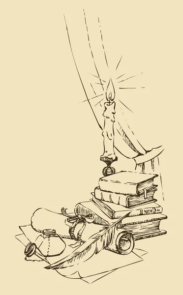 Bir InkWell tüy ve karşı bir kağıt sayfasından bir natürmort — Stok Vektör
