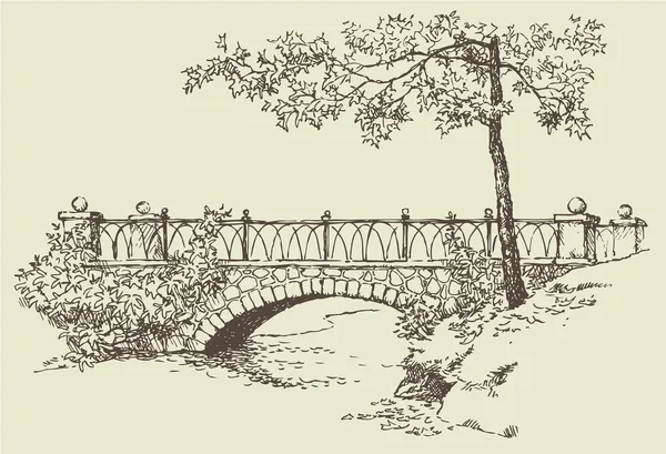 Esboço de paisagem de ponte de pedra — Vetor de Stock