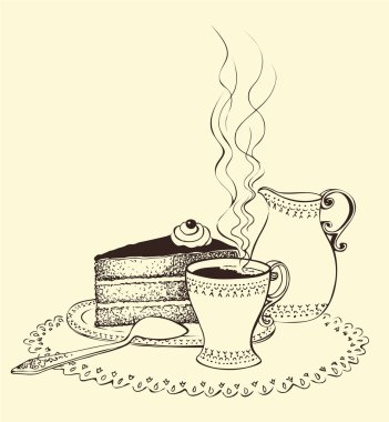 A cup of coffee, cake and milk jug clipart