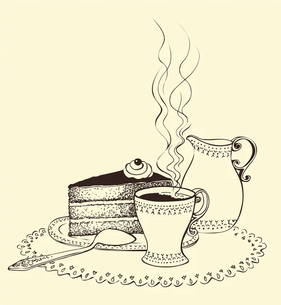 コーヒー、ケーキ、ミルク水差しのカップ — ストックベクタ