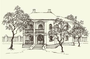 Sketch drawing of the old house among the orchard clipart