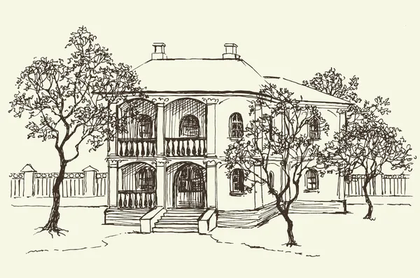 Desenho de esboço da casa velha entre o pomar — Vetor de Stock