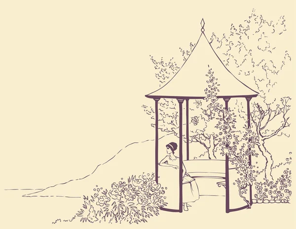 Векторное изображение. Молодая девушка отдыхает в уютной беседке — стоковый вектор