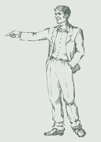 Vektorumriss eines Mannes, der mit der Hand auf etwas zeigt — Stockvektor