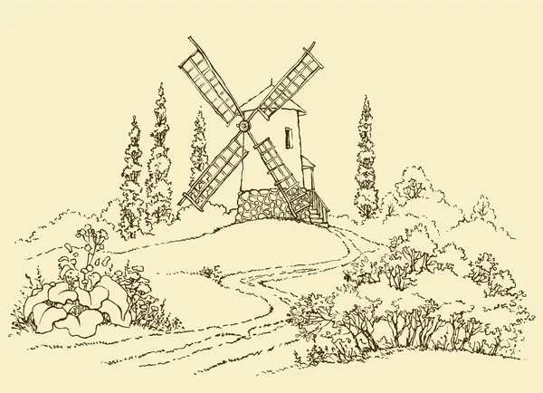Paysage avec un moulin — Image vectorielle