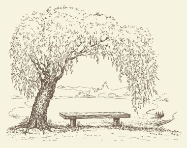 Old bench under a willow tree by the lake clipart