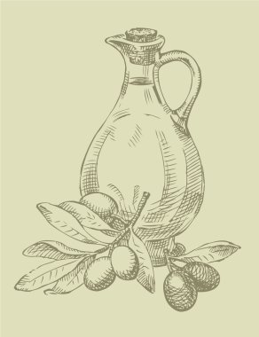 Still life of olive oil in a jar and sprigs of fresh olives clipart
