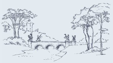 Palace park landscape with a bridge clipart