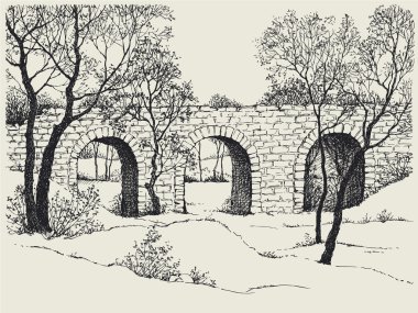 Landscape sketch of an old stone bridge in the forest clipart