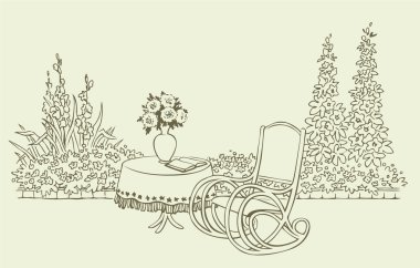 A cozy rocking chair in a flowering garden clipart