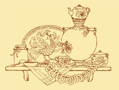 Vector Sketch a still life with samovar, bagels and jam clipart