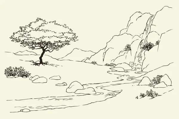 Ağacın yanında çayır bir dağ dere — Stok Vektör