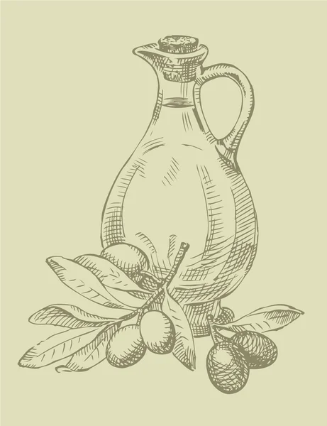 Bodegón de aceite de oliva en un frasco y ramitas de aceitunas frescas — Vector de stock