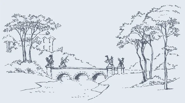 Palace parklandskap med en bro — Stock vektor