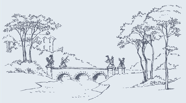 Пейзаж дворцового парка с мостом

