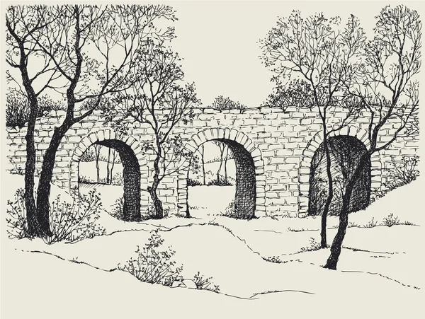 Landschaftsskizze einer alten Steinbrücke im Wald — Stockvektor