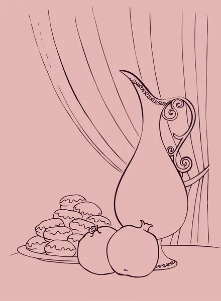 Спелые гранаты рядом с блюдом со сладкими пончиками — стоковый вектор