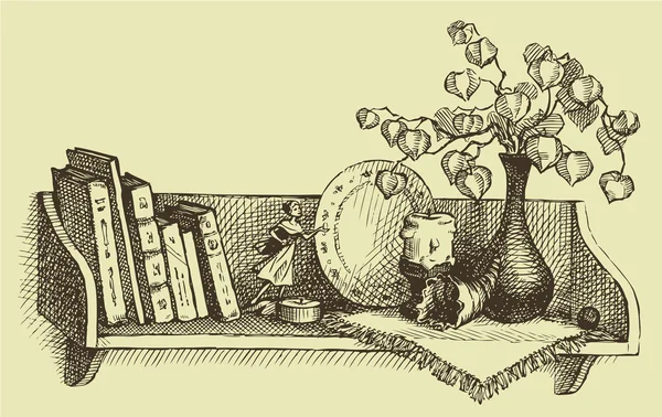 Vektor skizziert ein Regal mit Büchern und Souvenirs — Stockvektor