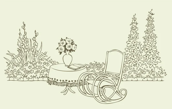 Çiçekli bahçe içinde rahat bir sallanan sandalye — Stok Vektör