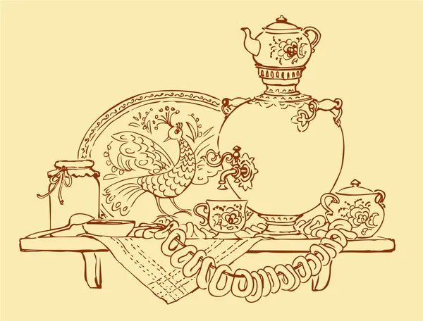 Croquis vectoriel une nature morte avec samovar, bagels et confiture — Image vectorielle