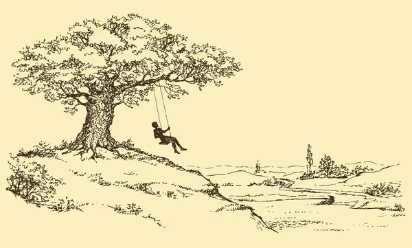 Vector Sketch. Hombre descansando cabalgando en un columpio — Archivo Imágenes Vectoriales