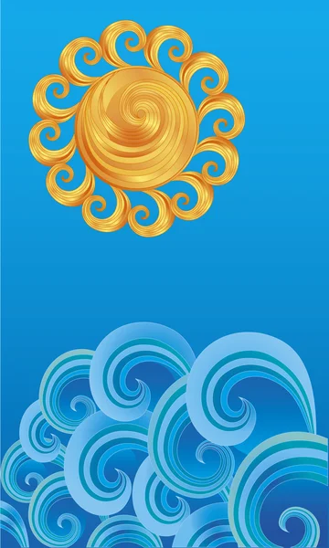 Soleil décoratif sur les vagues — Image vectorielle