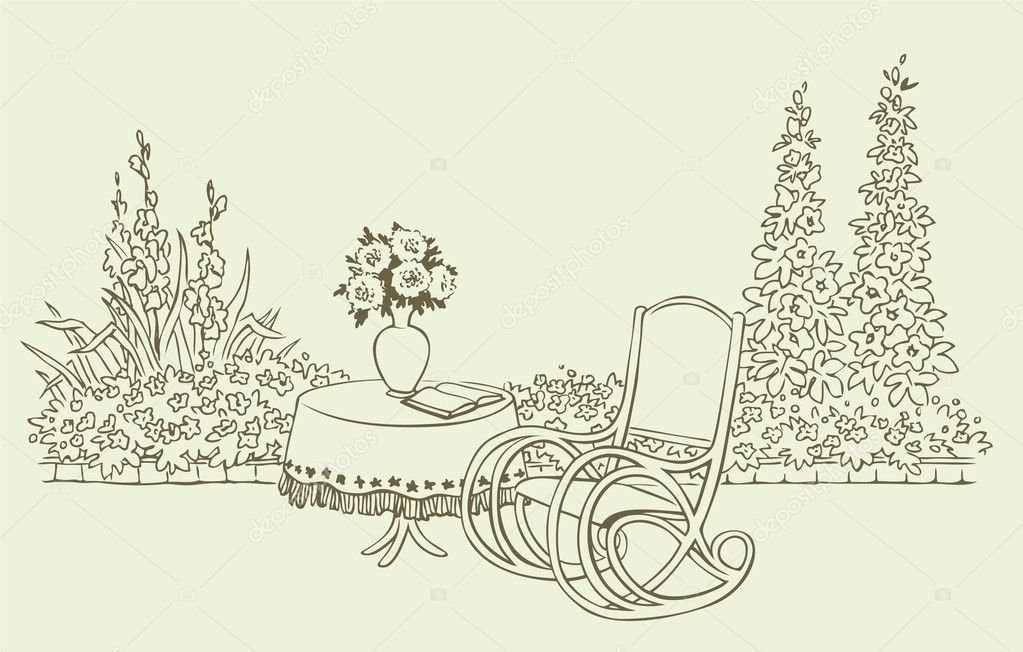 A cozy rocking chair in a flowering garden