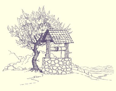 Flowering tree near the well clipart