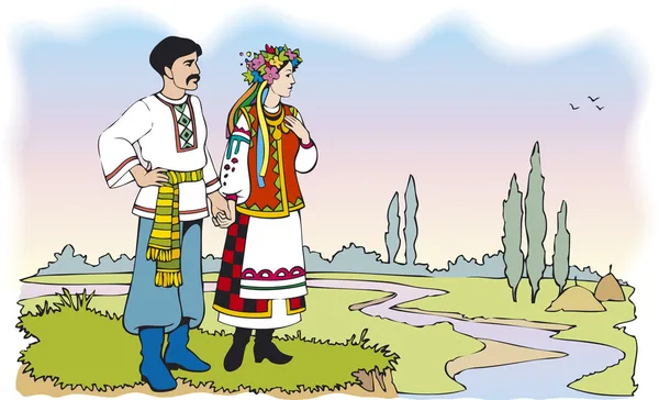 Ουκρανικό ζευγάρι στο πολύχρωμο εθνικές ενδυμασίες — Διανυσματικό Αρχείο