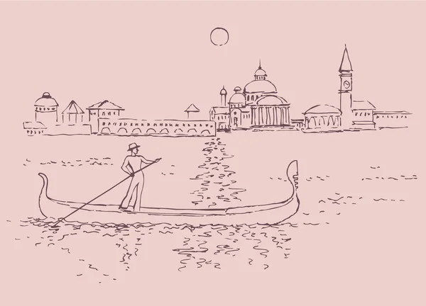 Gondolier plave na gondole v Benátkách — Stockový vektor