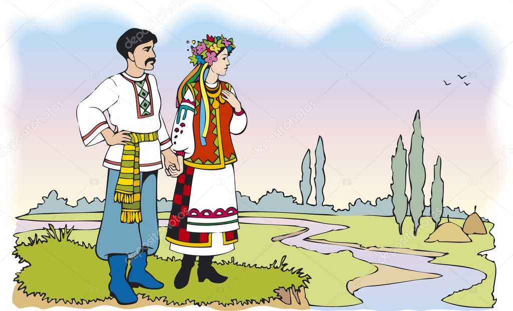 Ukrainian couple in colorful national costumes