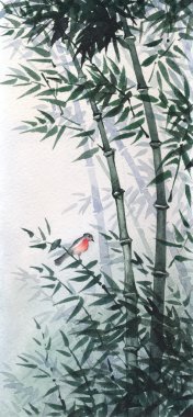 The little bird in a bamboo grove. The picture in Japanese style clipart