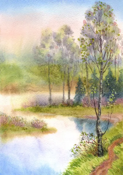 Paesaggio acquerello. Alberi primaverili su un lago tranquillo — Foto Stock