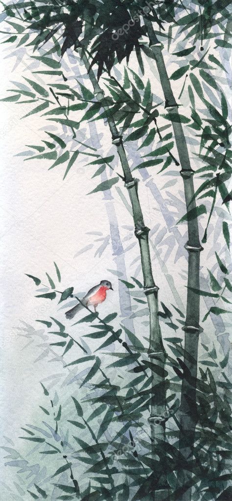 The little bird in a bamboo grove. The picture in Japanese style