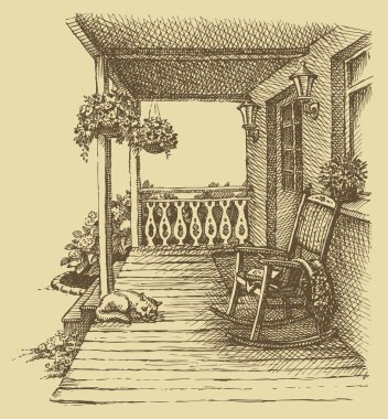 Ink drawing comfortable rocking chairs on the veranda clipart