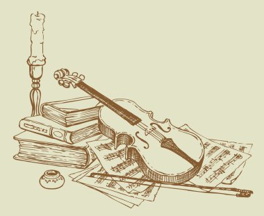 Vector still life of a violin, books and pages with notes clipart