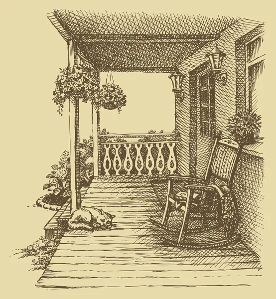 Inchiostro disegno comode sedie a dondolo sulla veranda — Vettoriale Stock