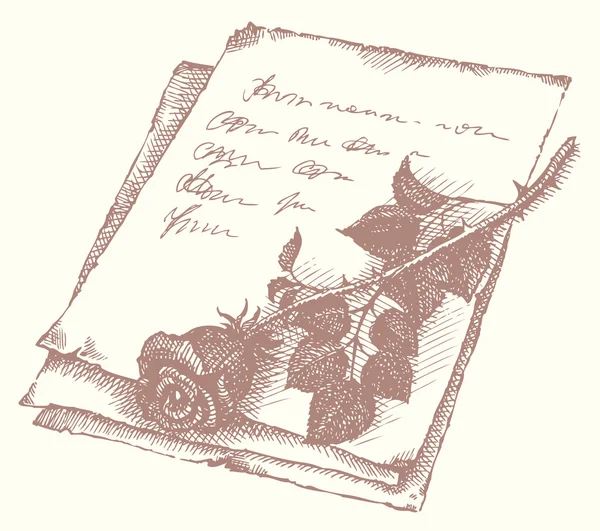 Schizzo vettoriale di rose sulla vecchia lettera — Vettoriale Stock