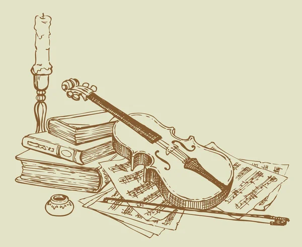 Bodegón vectorial de un violín, libros y páginas con notas — Archivo Imágenes Vectoriales