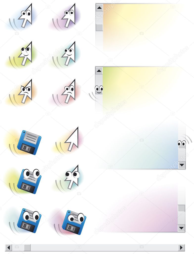 Cartoon vector characters animated arrows, floppy and scroll bar