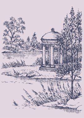 Vector landscape. Gazebo by the river clipart