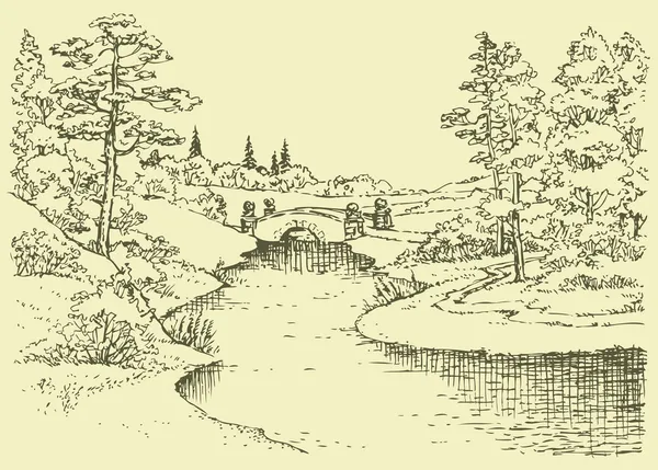 Paysage vectoriel. Pont sur la rivière dans la forêt — Image vectorielle