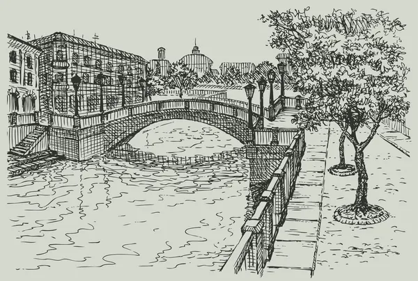 Vector de paisaje urbano. Casas clásicas y el puente sobre el río — Archivo Imágenes Vectoriales